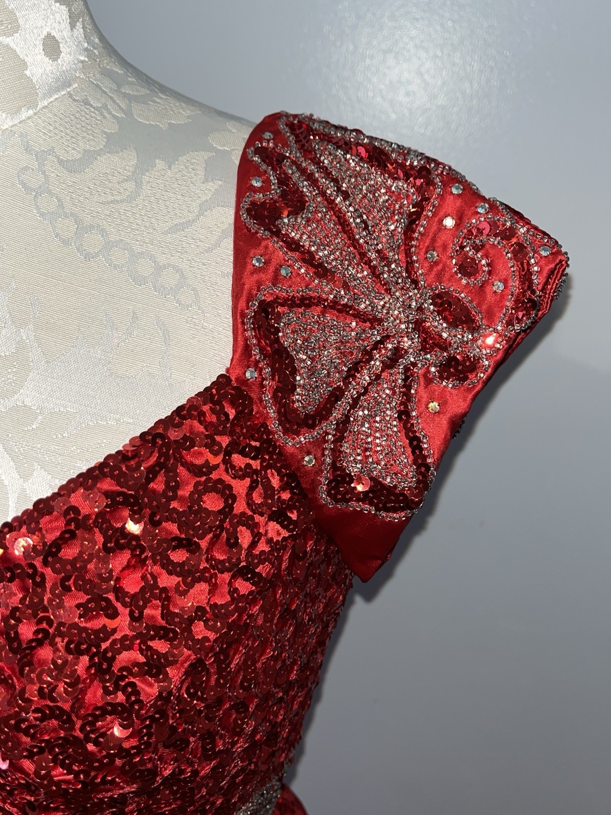 Vintage 80s Mike Benet Red Beaded Sequined Satin Formal Holiday Party Dress Sz 8
