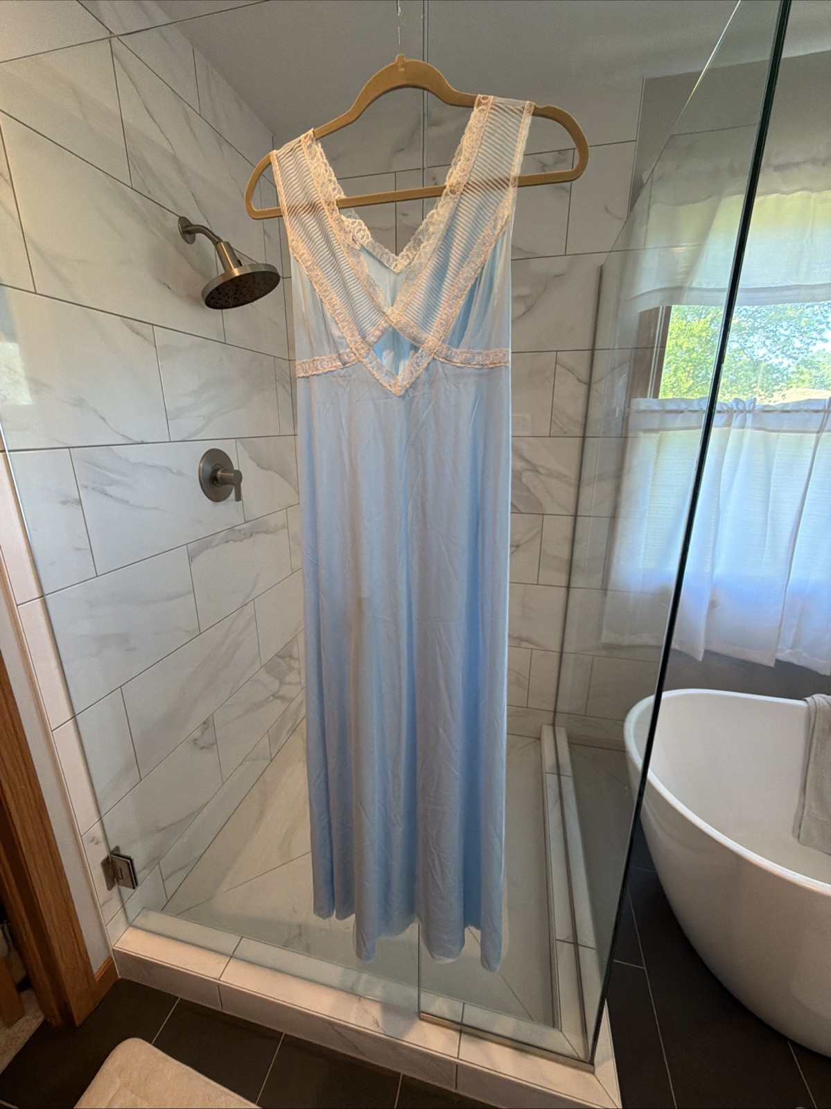 VTG I Do NYLON Lace Detail Baby Blue PEIGNOIR ROBE/NIGHTGOWN 2Pc SET Sz Small