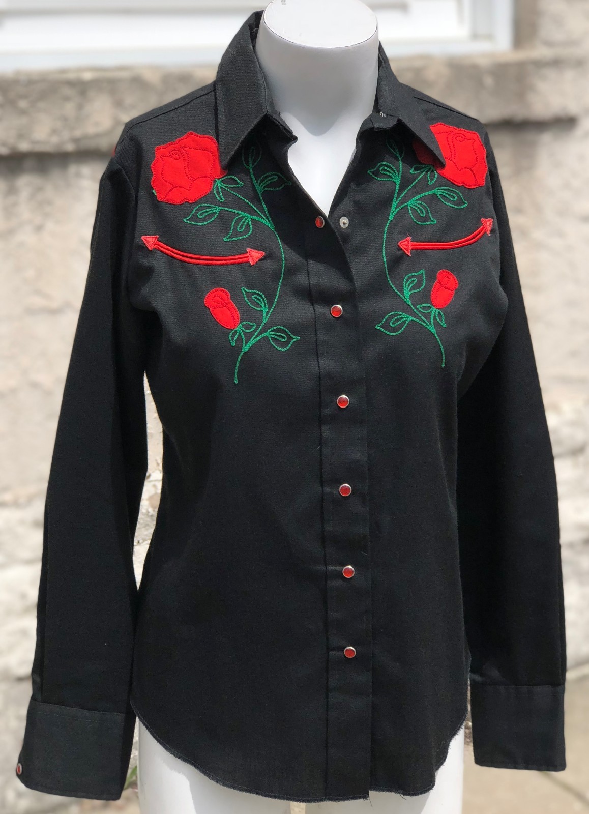 Panhandle Slim Vintage Western Trends Black Rose Rockabilly Cowgirl Shirt Size 6