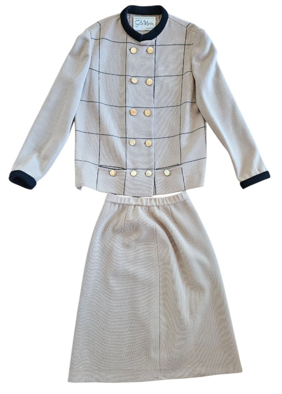 VTG 1960s KNIT Suit Skirt & Jacket Santa Maria Hong Kong, Tan, 36 bust, repairs