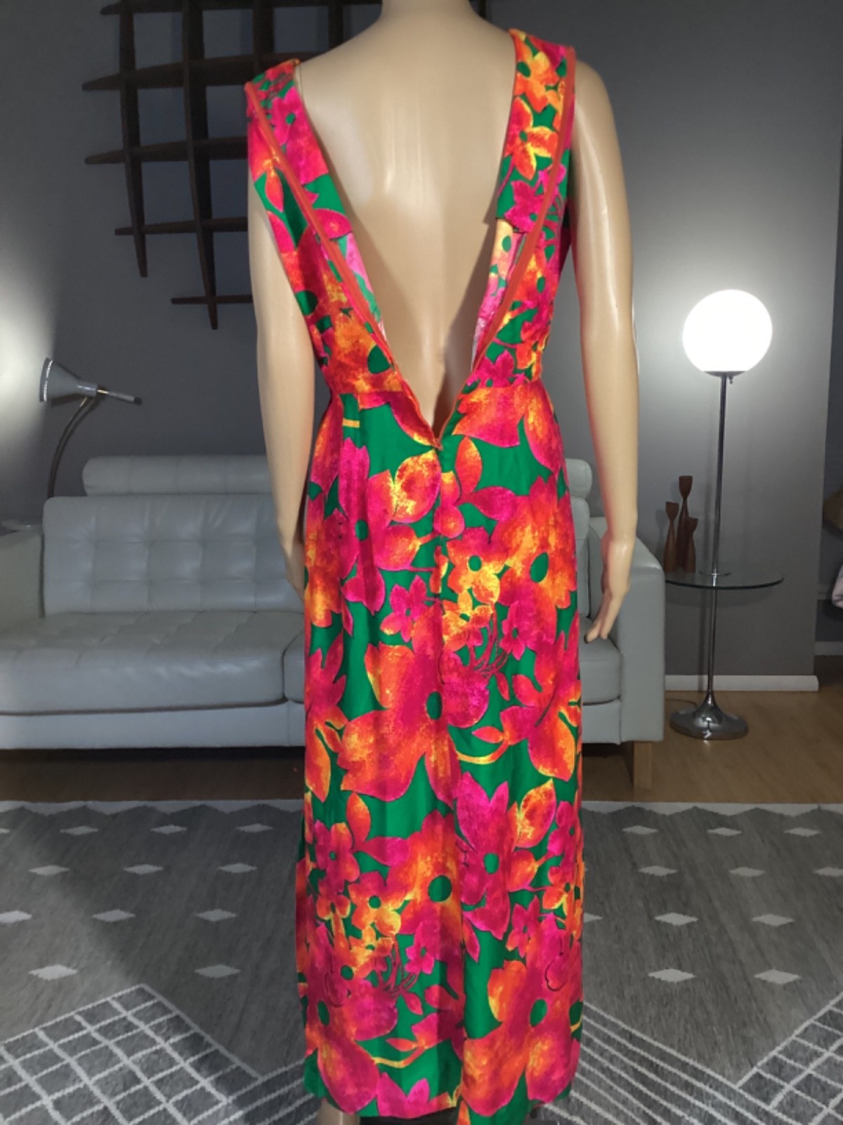 Vintage 1970’s Hawaiian Tropical Bright Floral Maxi Dress Tiki Luau Hippie Mod