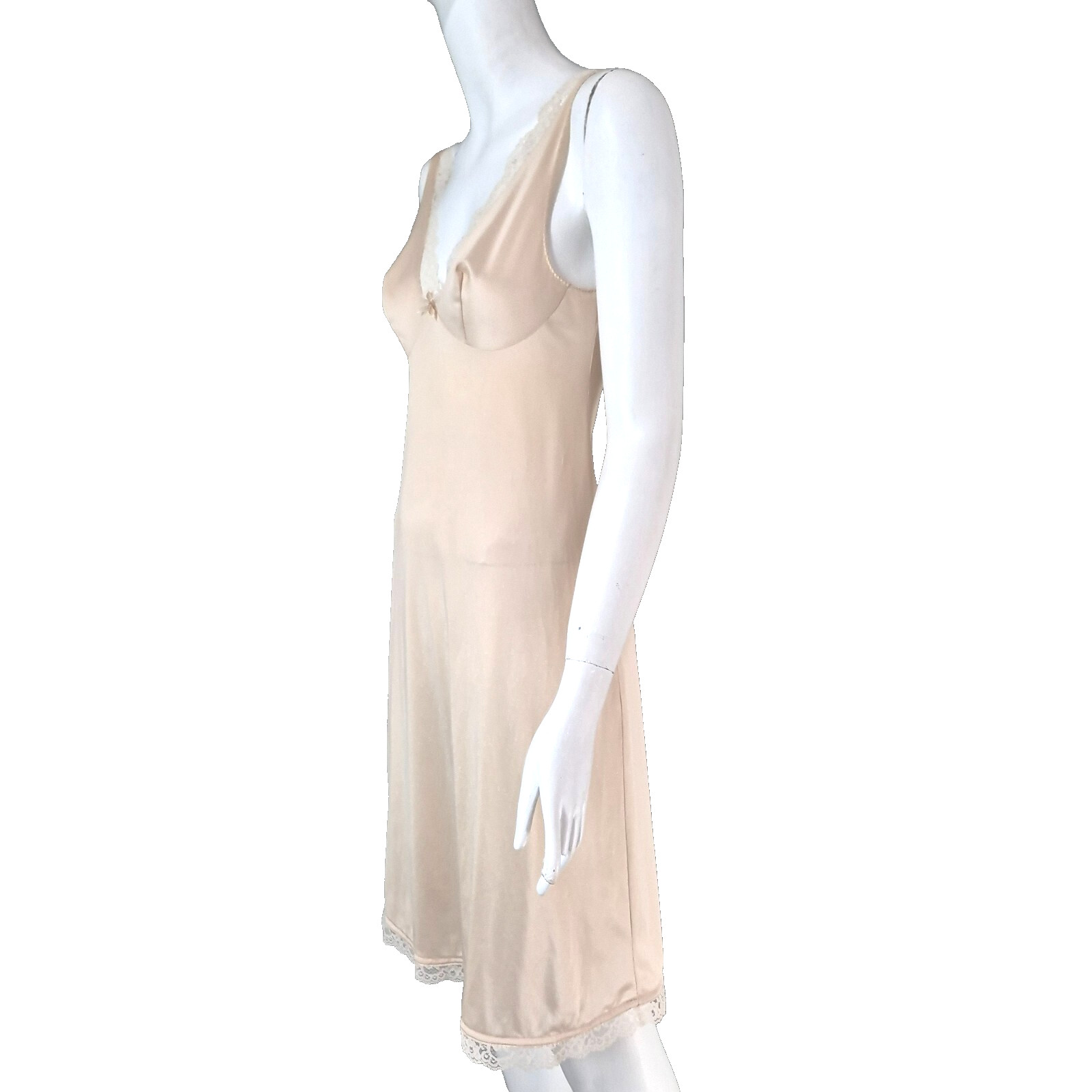 Vintage 1980s Slip Petticoat Lace Nylon Size 12 Straps Knee Length Beige