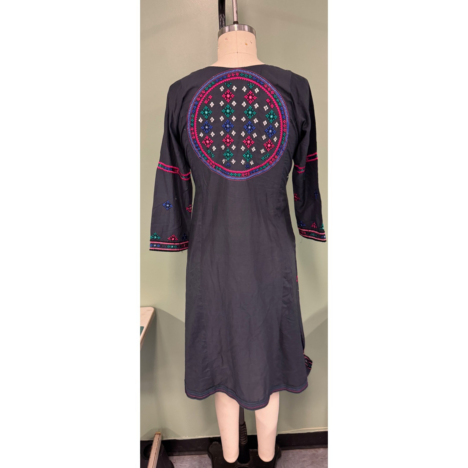 Vintage Ethnic Embroidered Tunic Dress Black Pink Boho Shisha Mirror Midi Kurta