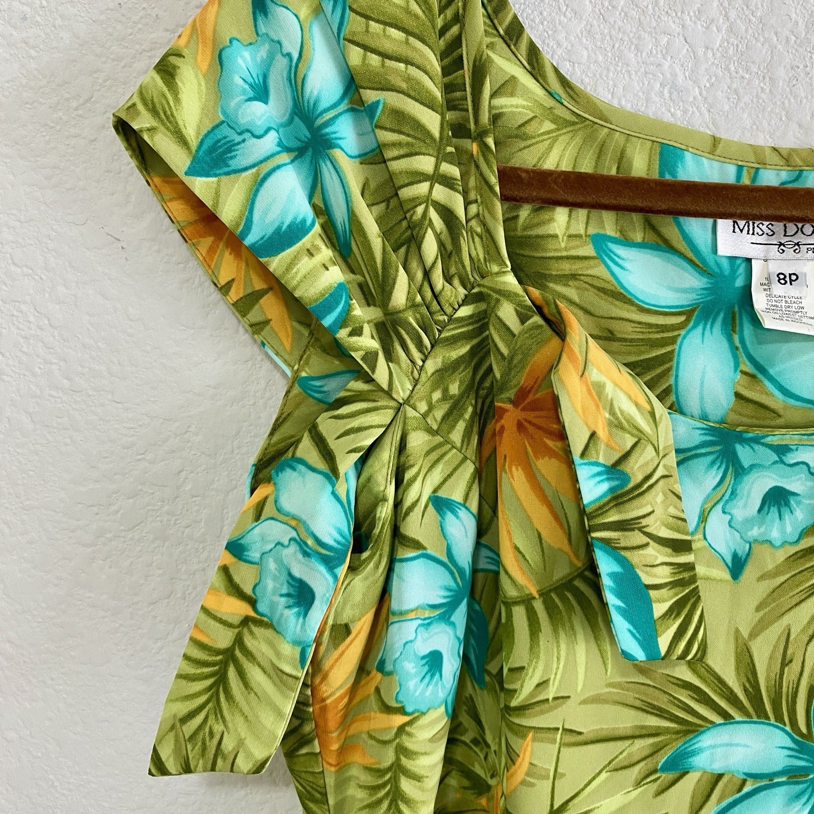 Miss Dorby Petite Tropical Floral Midi Dress Green Blue Hibiscus Bow Shoulder 8P