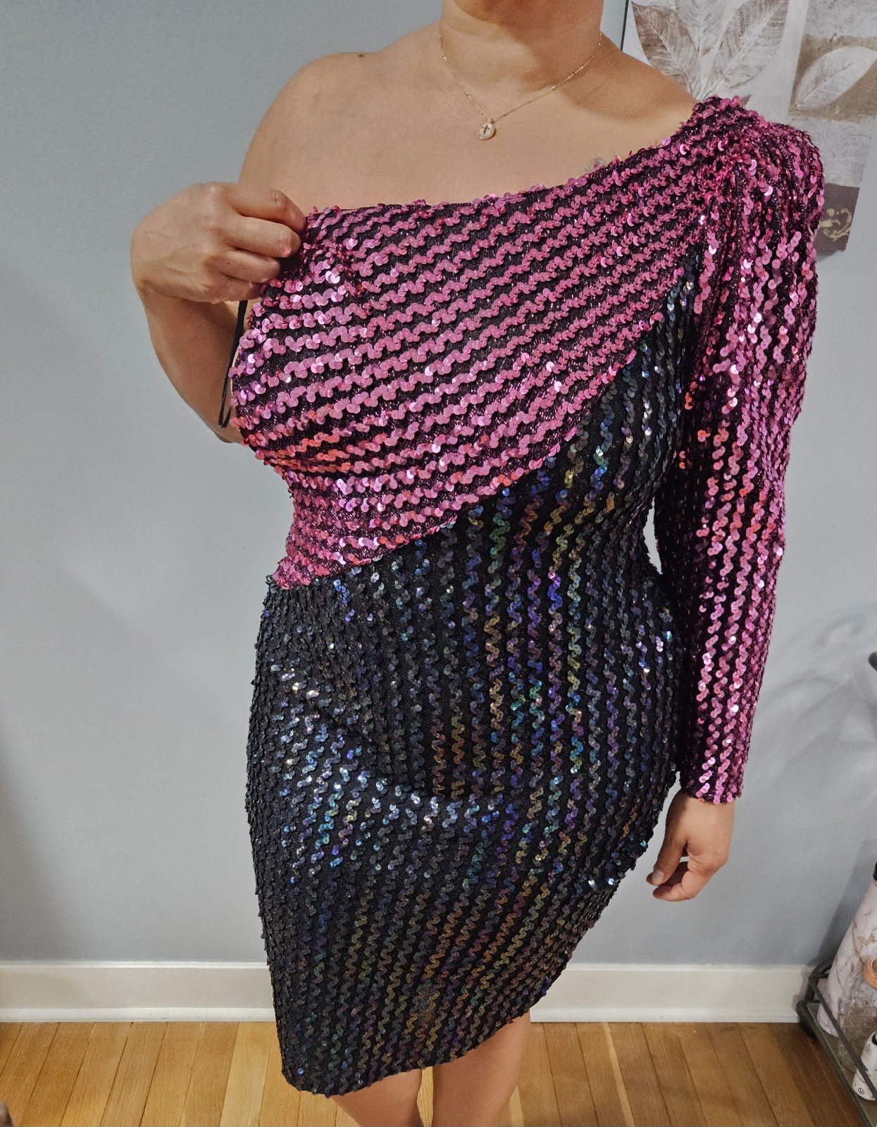 Vintage New Leaf California/Samir 1980s One-shoulder Sequin Asymmetrical Dress