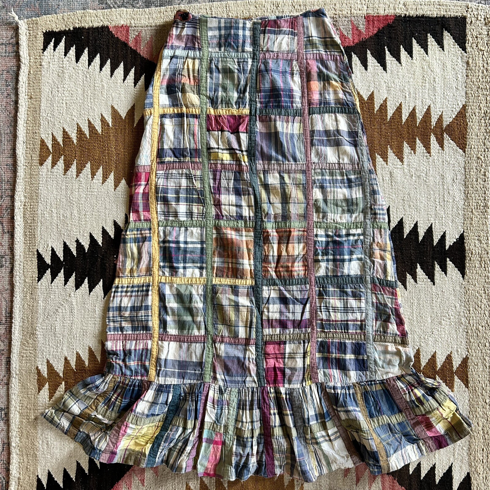 Vintage 1960s Madras Cloth Plaid Side Zip Skirt Sz 24 Waist