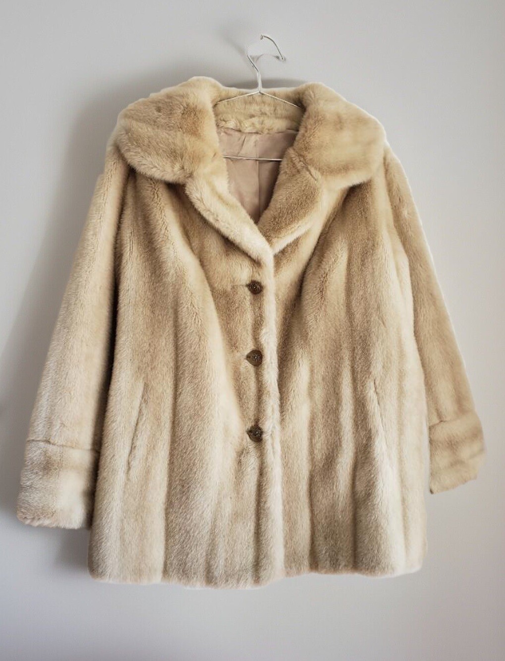 MINCARA Russell Taylor Beige size Large Fur Silk Lined Jacket Coat Union Made