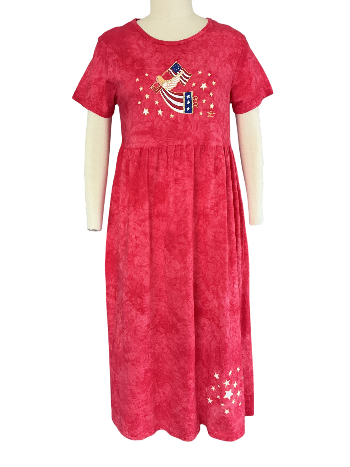 VTG Folk-Art Midi Dress M Patriotic Angel US Flag Stripes & Stars 4th Americana
