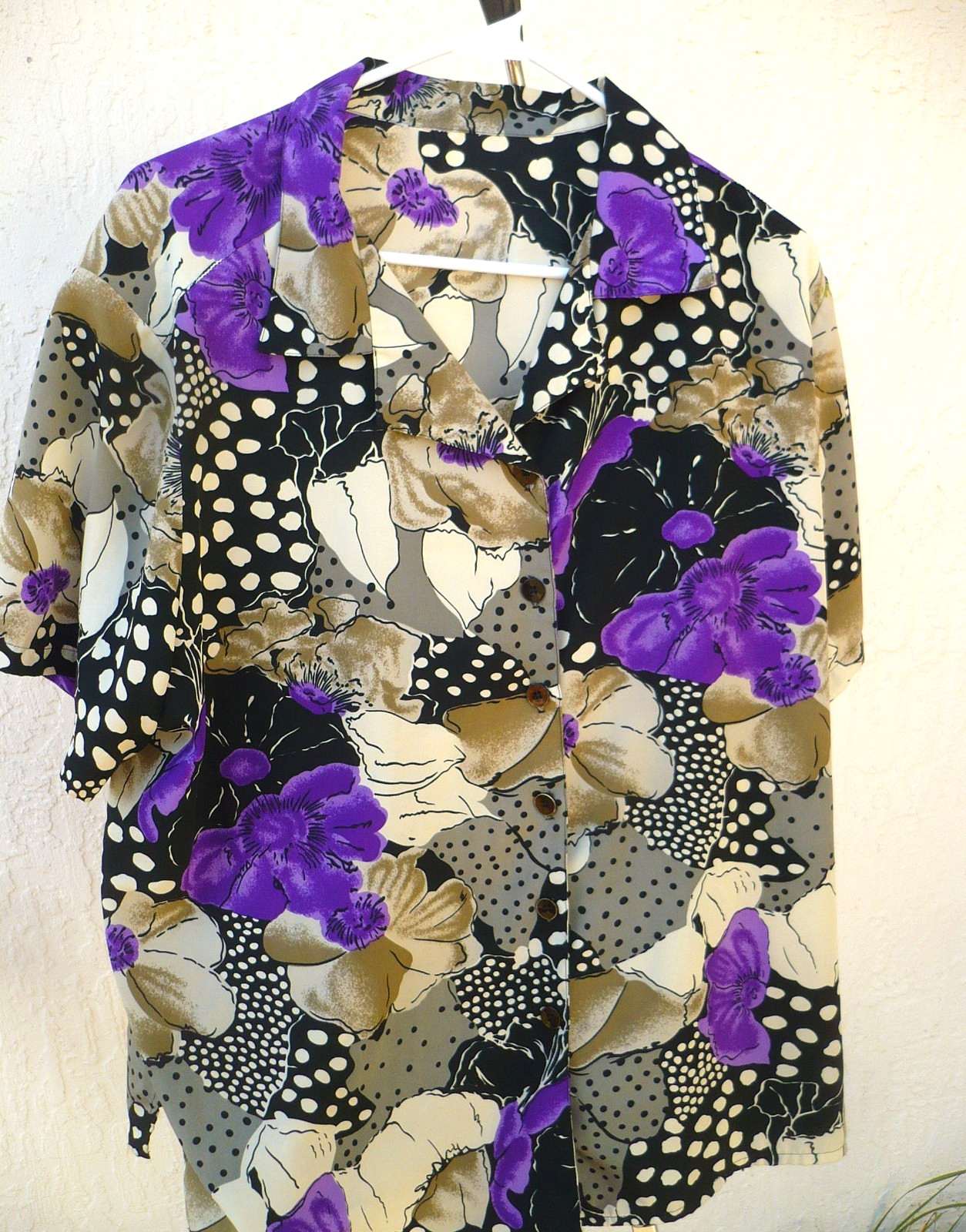VTG 80S 2X PLUS PURPLE FLORAL BLACK WHITE DOT MIXED PRINT SILKY SHIRT BLOUSE TOP