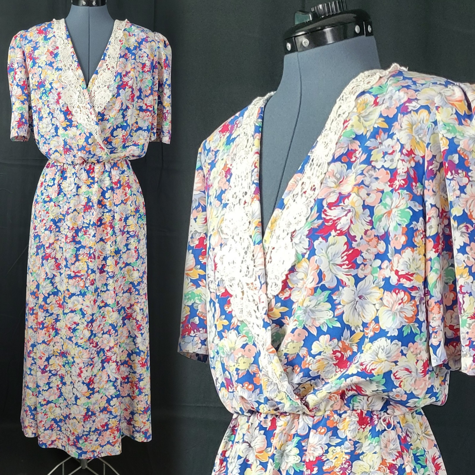 Vintage Carroll Reed Multicolored Floral Dress w Lace Trim Wrap Bodice Size 8