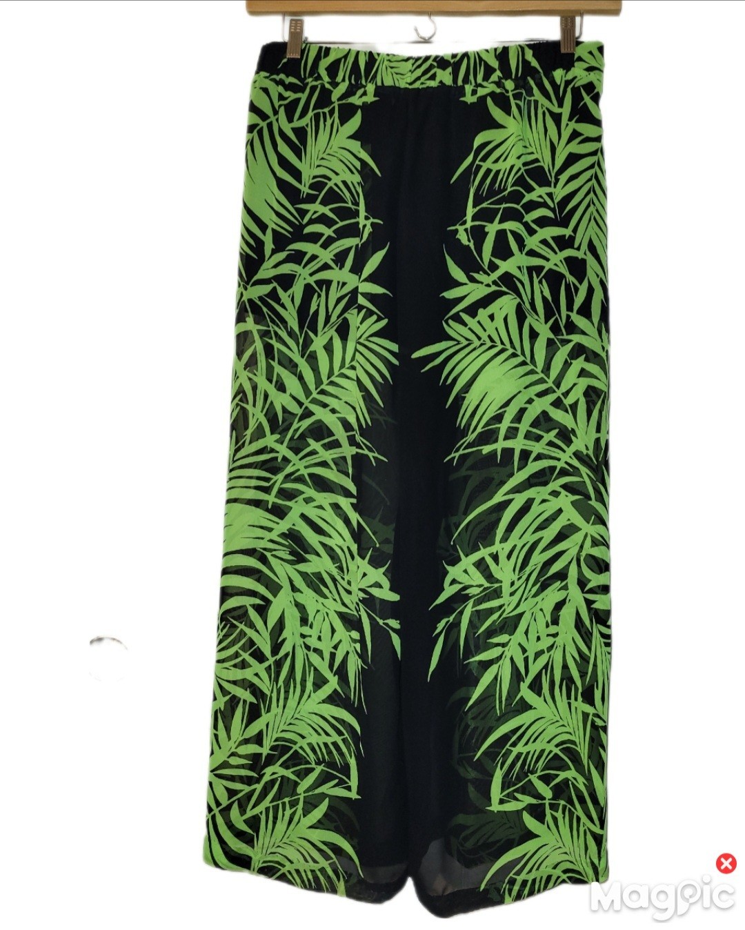 Bisou Bisou Palazzo Pant Sheer Black Overlay Neon Green Leaf built-in Short Med