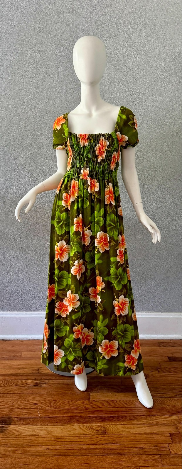 Vintage 60s Psychedelic Green Tropical HAWAIIAN Barkcloth Maxi Hippie Dress M