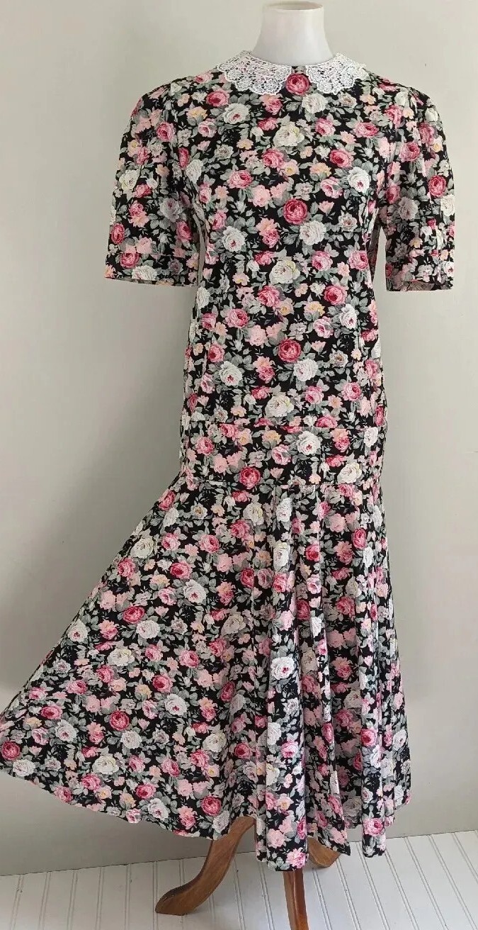 Cotton Floral Drop Waist Dress Tea Length Lace Collar Puff Slv XS Romantic Retro