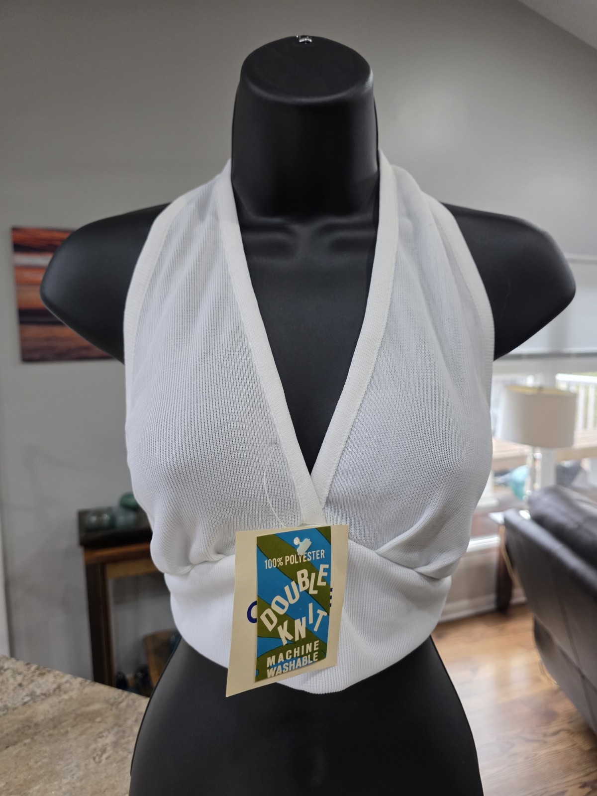 NOS Vtg 1970s Halter Top Double Knit Deadstock One Size Fits All Orange / White