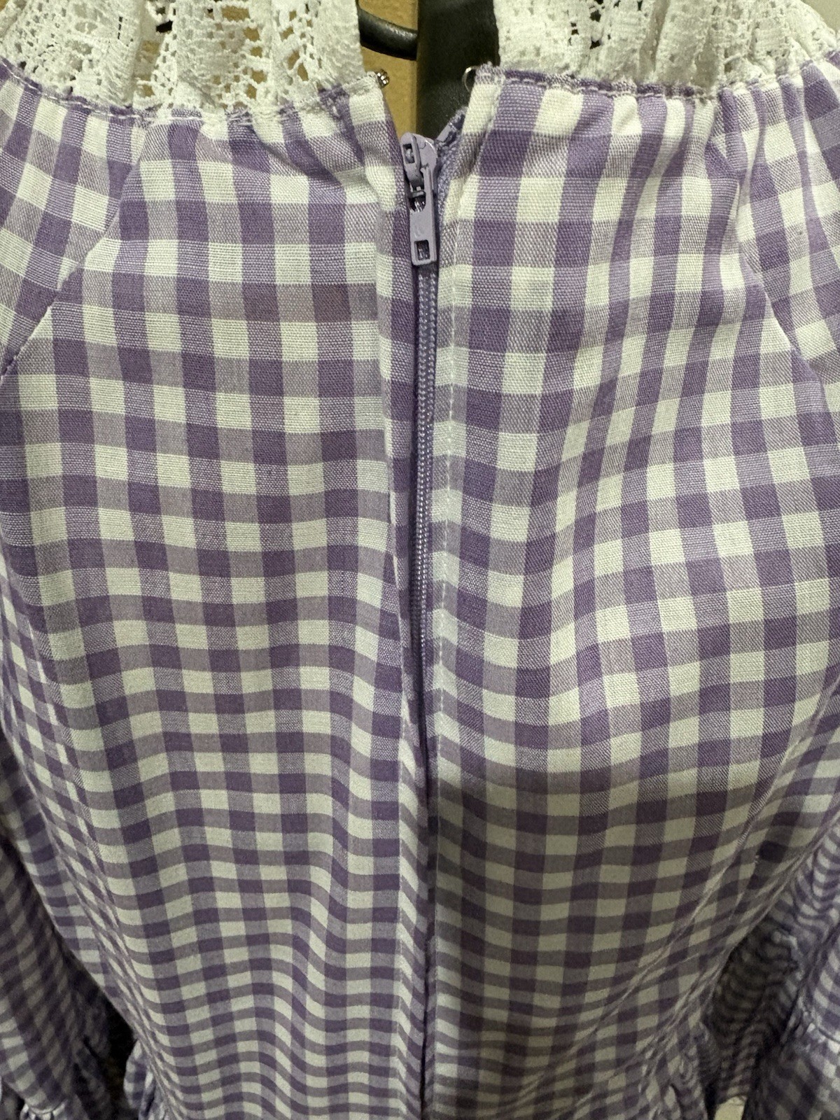Prairie Style Lavender Gingham Long Dress Sz S Lace Floral Cottage Core Handmade