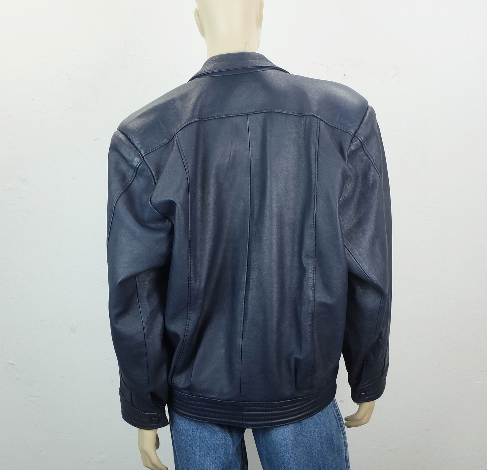 80s true vintage LEATHER JACKET blue oversized cut wide sleeves size S/M