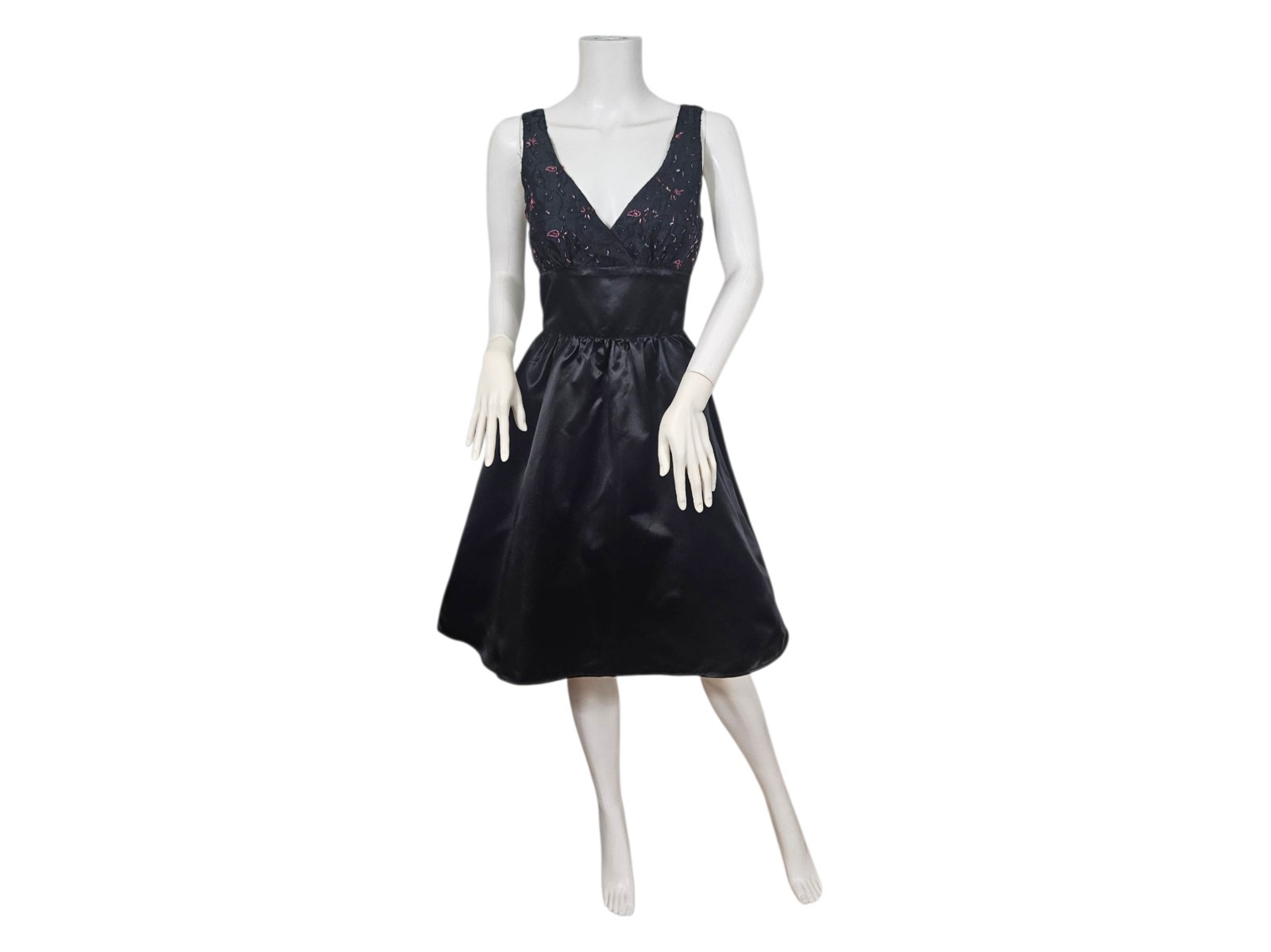 Mica 1990s Beaded Black Satin Short Fit & Flare Cocktail Dress I Sz Sm