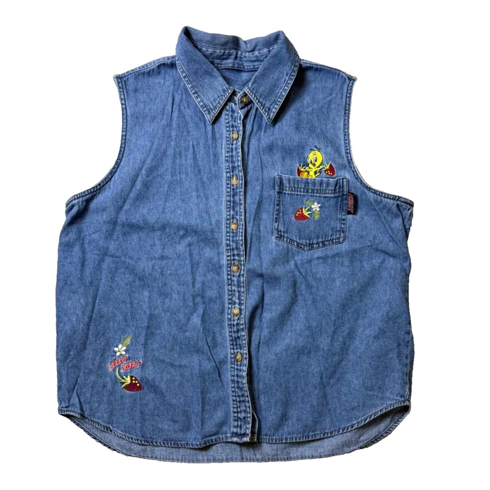 Tweety Bird Strawberries Berry Sweet Vtg Denim Sleeveless Top XL Looney Tunes