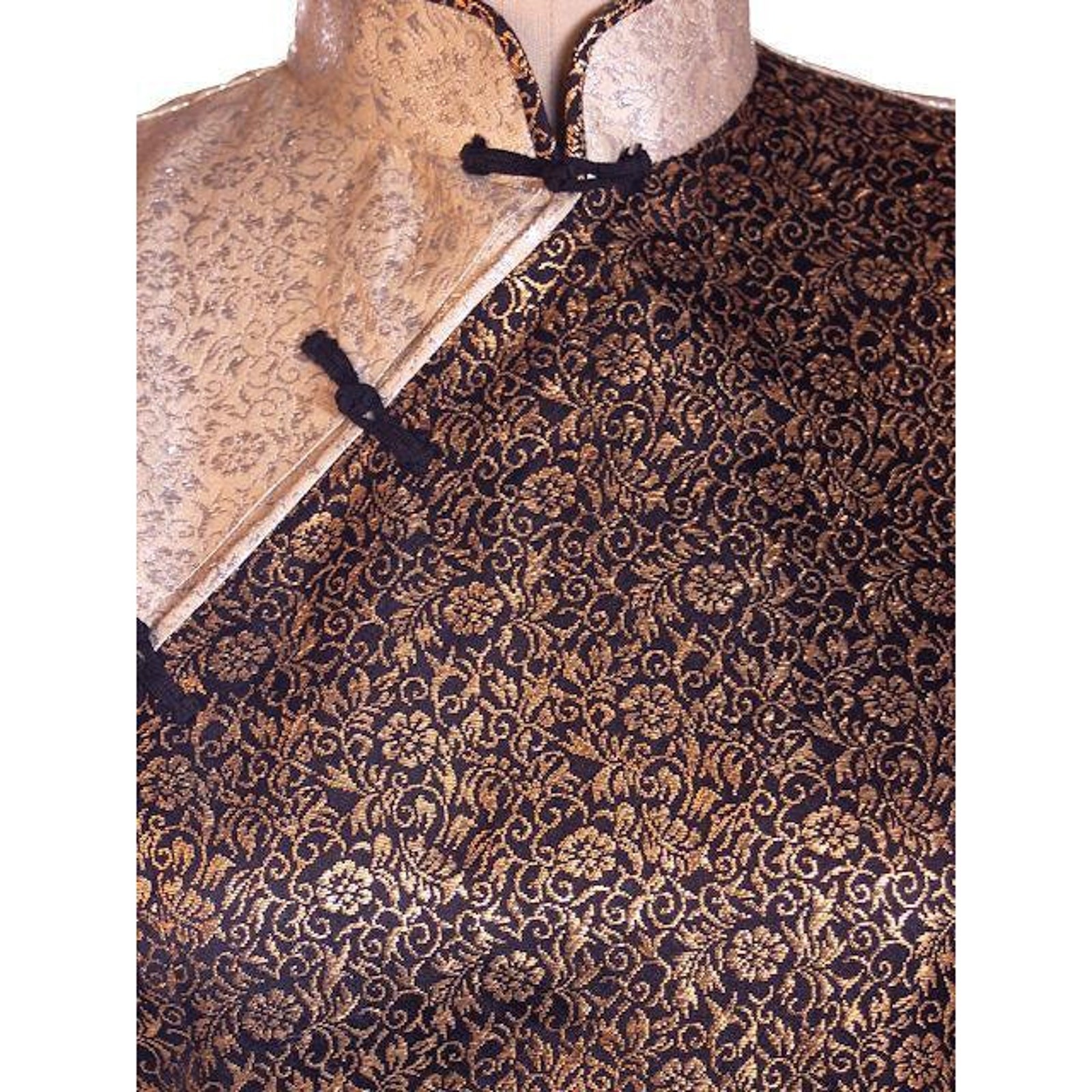 Vtg 50s Rayon Cheongsam Qipao Wiggle Dress Gold Black Silver Brocade Fits S 2–4