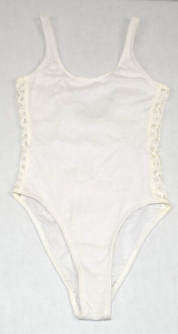 Vintage Swimsuit Leotard Size S/M 80s Krystal K White Textured Lace Side Stripes
