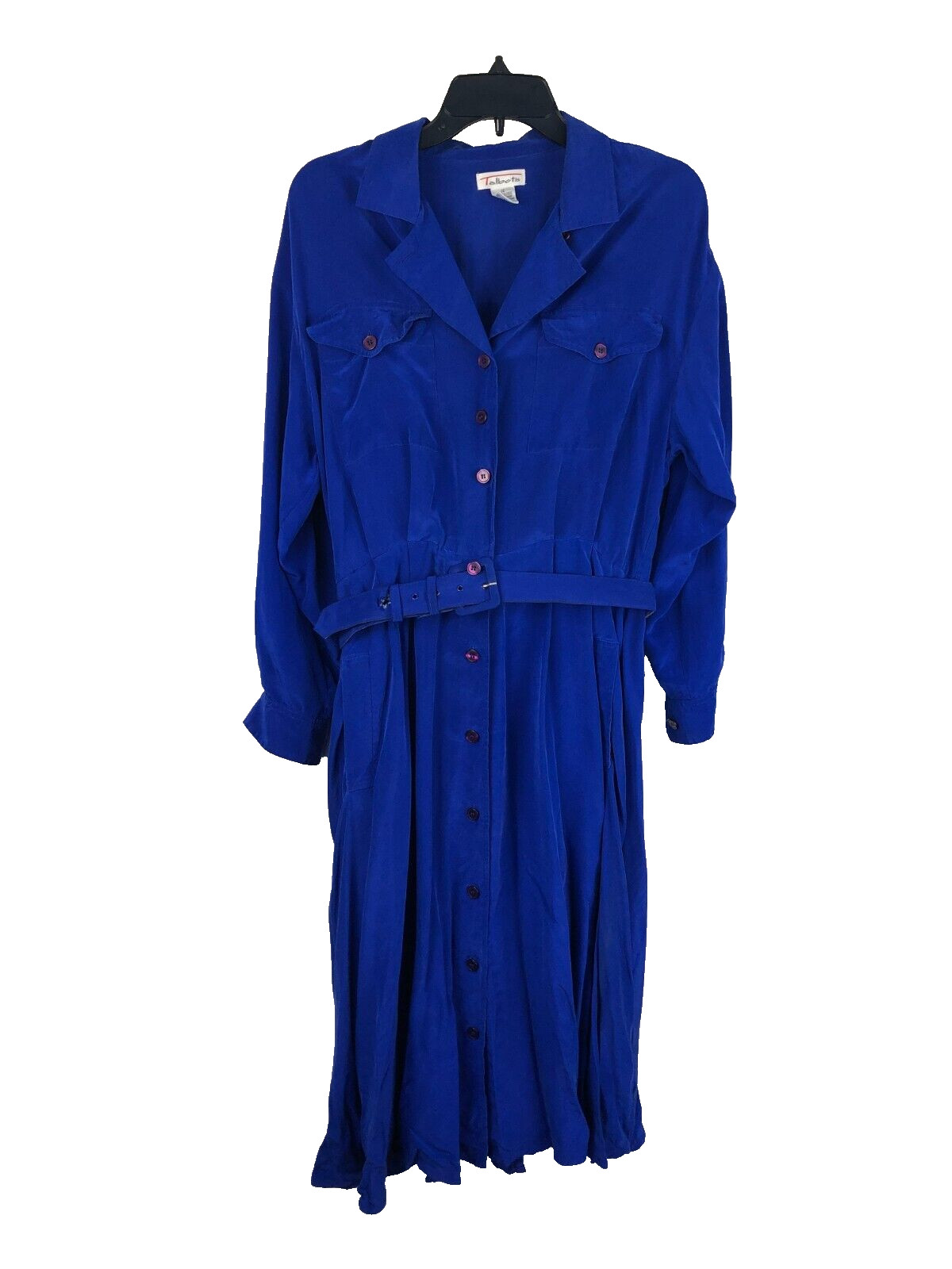 VTG 90s Talbots 100% Silk Midi Belted Button Front Dress Size 12 Blue [read]