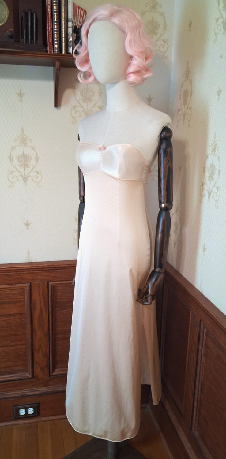 Vintage 1970s Kayser Strapless Beige Coquette Cottagecore Maxi Slip Dress