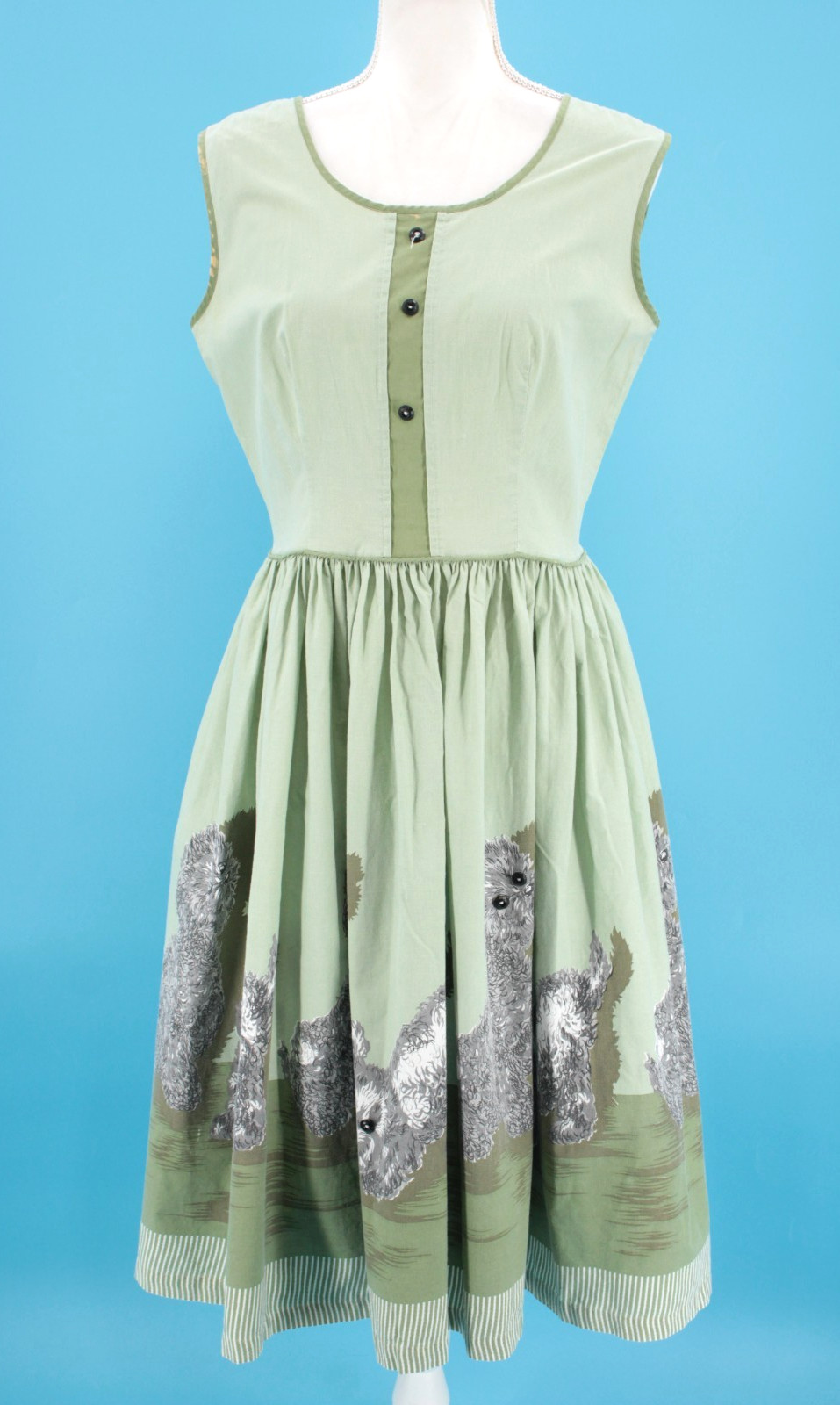 VTG Women’s 50s Sage Green Novelty Puppy Print Cotton Sun Dress S/M 1950s Dog