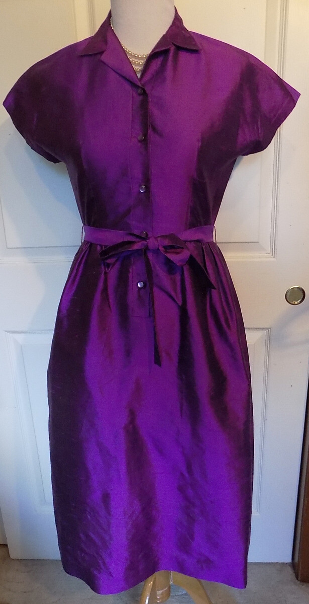 Vintage Purple Silk Dress Short Sleeve Matching Tie B35