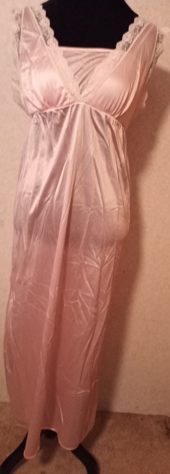 2 Vintage FANCY ME Sz S Pink Nylon Sheer Cream Lace Long Nightgown Slip Dress