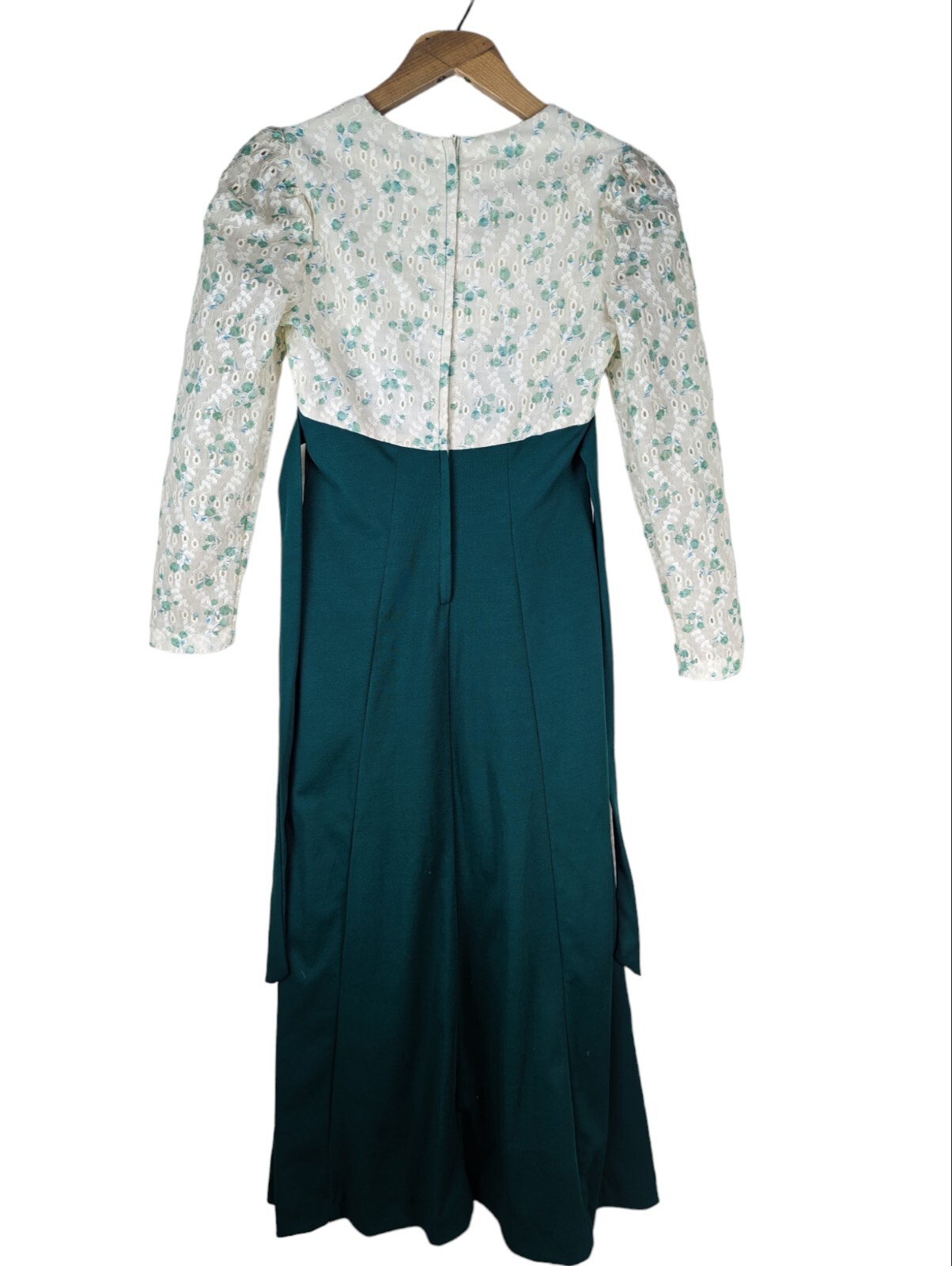 Vtg Kristie Lou California Juniors Cottage Prairie Dress Green Floral 70s Tie
