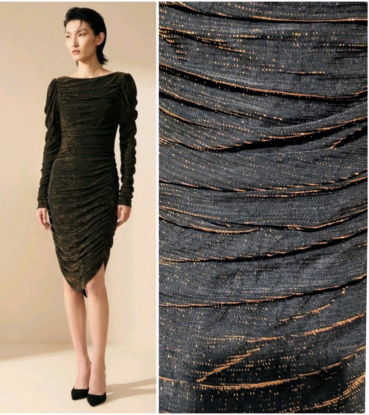 Scarlett 80’s Party Cocktail Dress Metallic Copper Black Mesh Ruched Bodycon