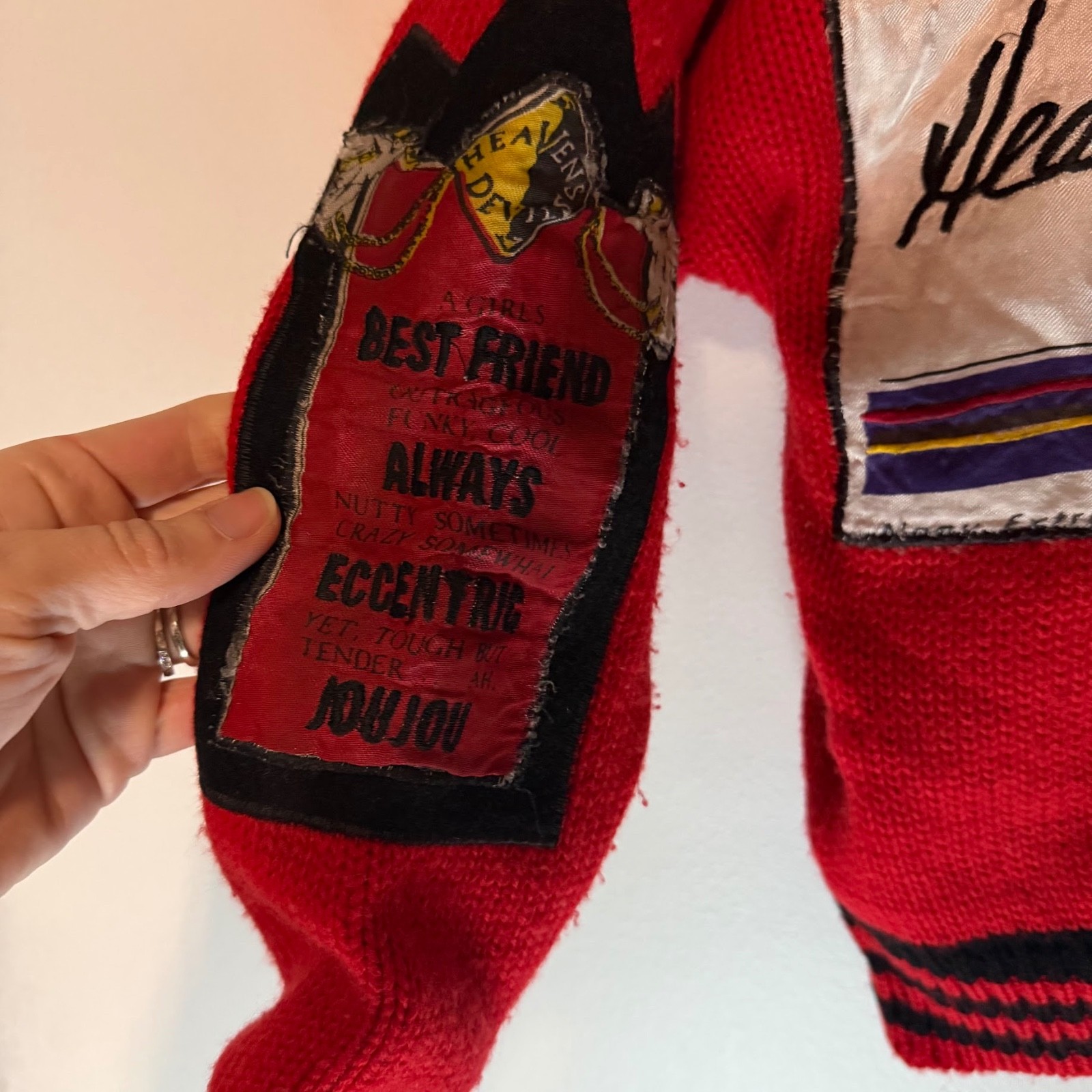 VTG JouJou 80s 90s Heavens Devils Moto Patches Cardigan Chunky Womens M