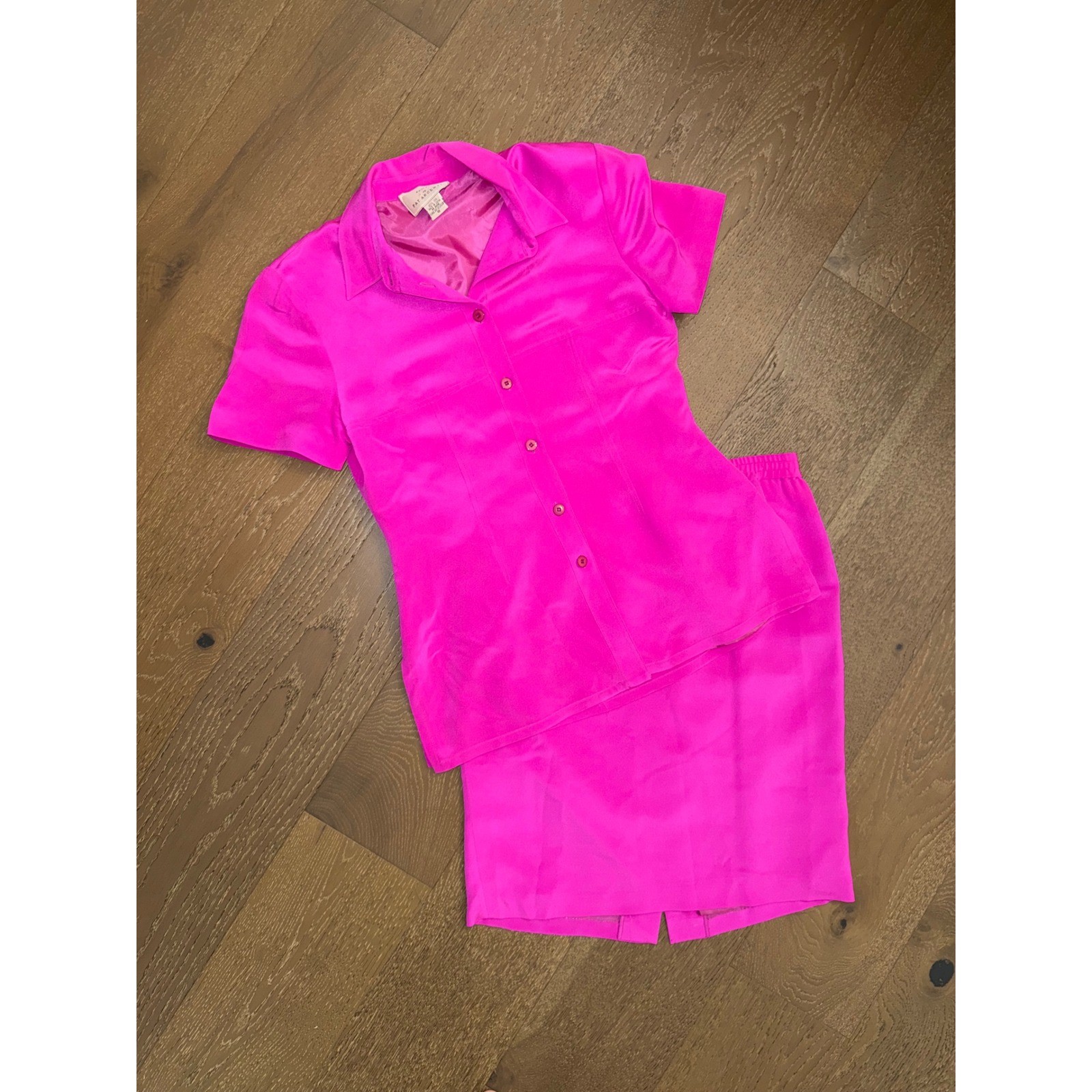Pat Argenti Vintage 100% Silk 2 Piece Skirt Set Hot Pink Button Down Blouse 12