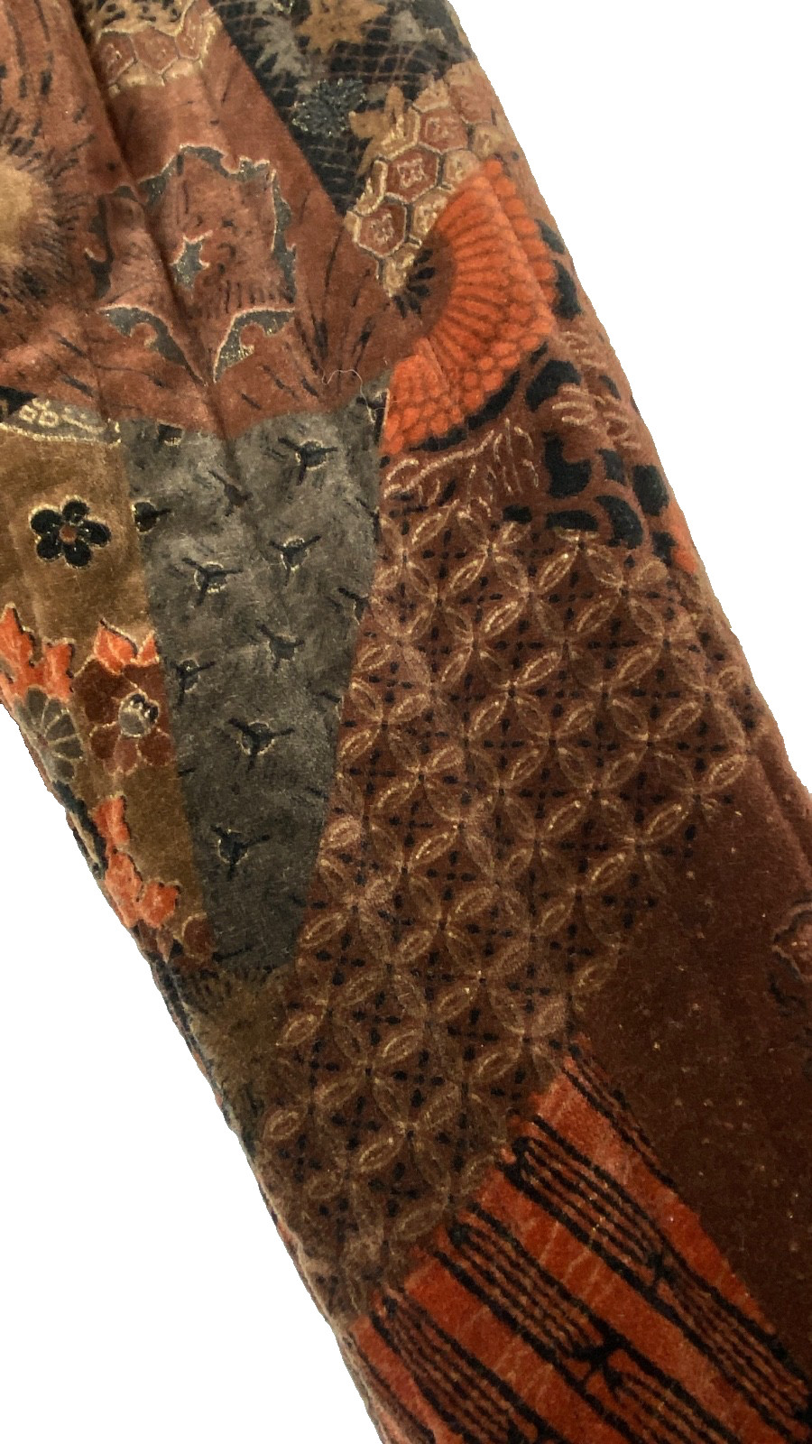 Vintage 1970s brown velveteen jacket open floral patterned cotton patchwork rust