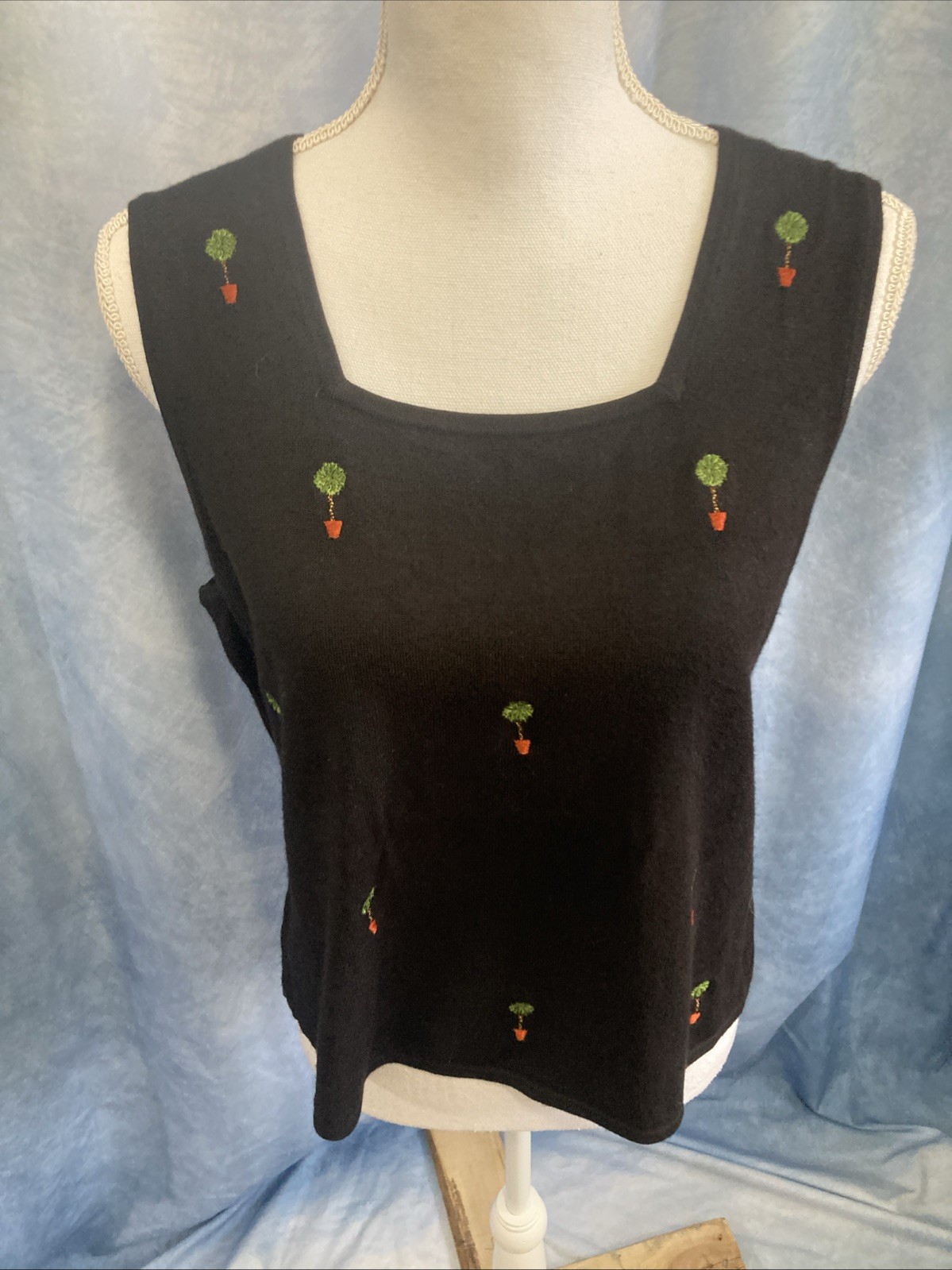 Vtg 90s Etoile 2pc Cardigan & Shell Set XL Black Topiary Embroidered Twinset GUC