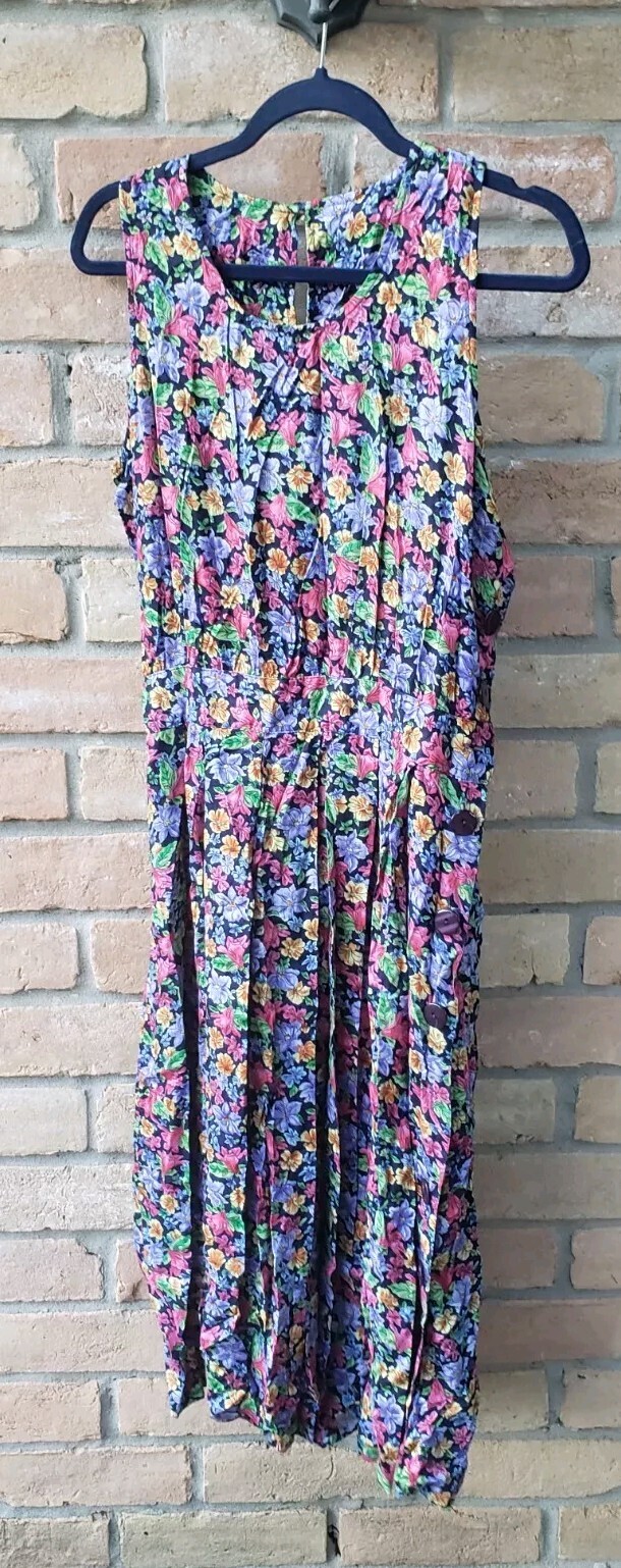 VTG 90s Erika Multicolor Floral Rayon Midi Dress Sz L Side Buttons Cottage Y2K