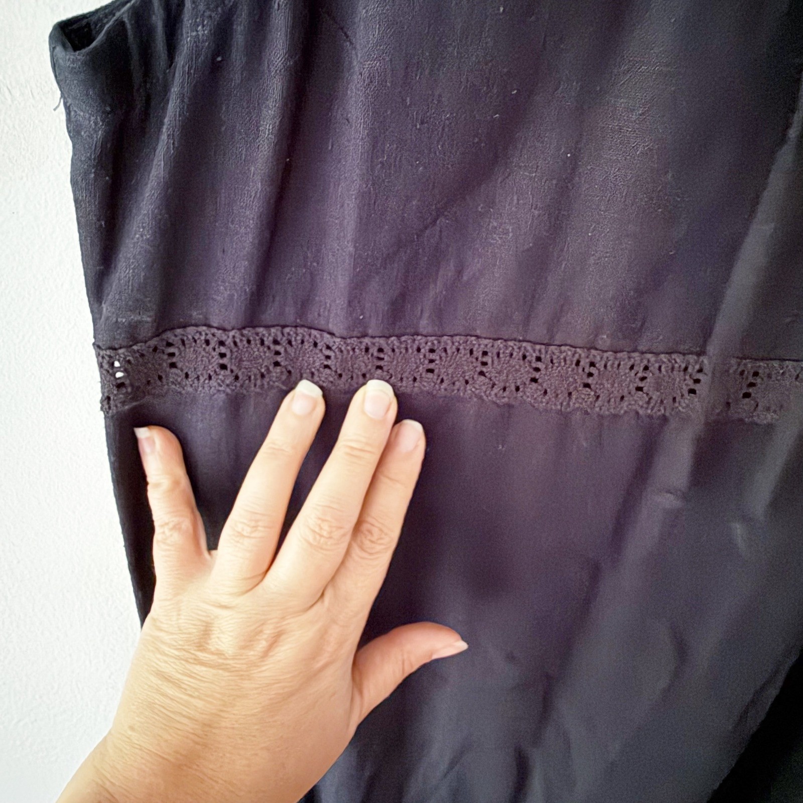 Vintage Maxi Dress Women 8P Black Crochet Linen Blend Dark Cottagecore Beach