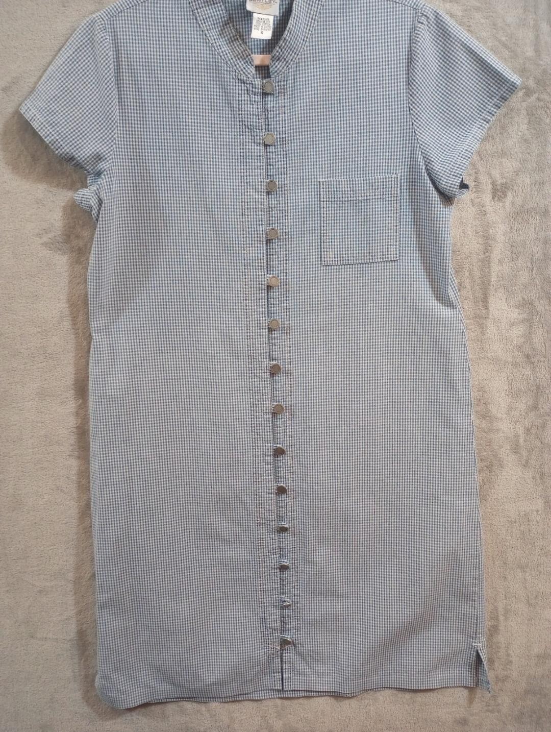 Vintage TR Bentley Dress Sz 12 Gingham Plaid Blue Stand Up Collar Full Button Up