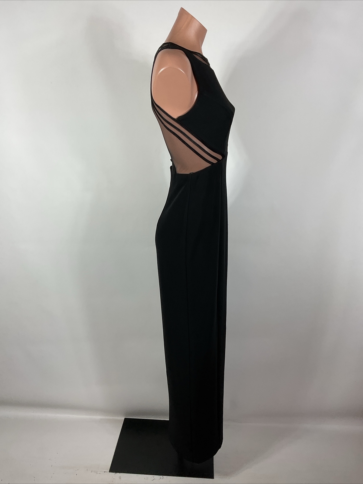 Vintage 90s y2k Black Illusion Caged Neck Backless Button Back Prom Dress 3/4