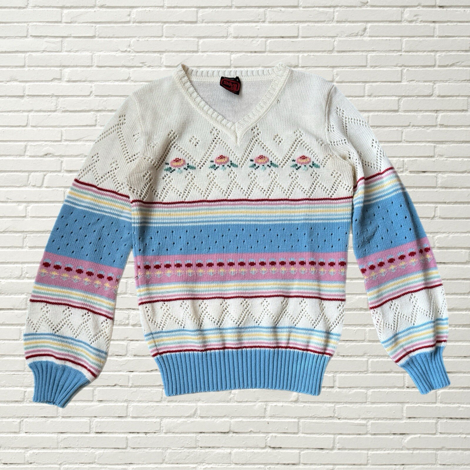 Vintage 70s Sweater Floral Tulip Print Striped Lightweight Knit – Hippie Cottage
