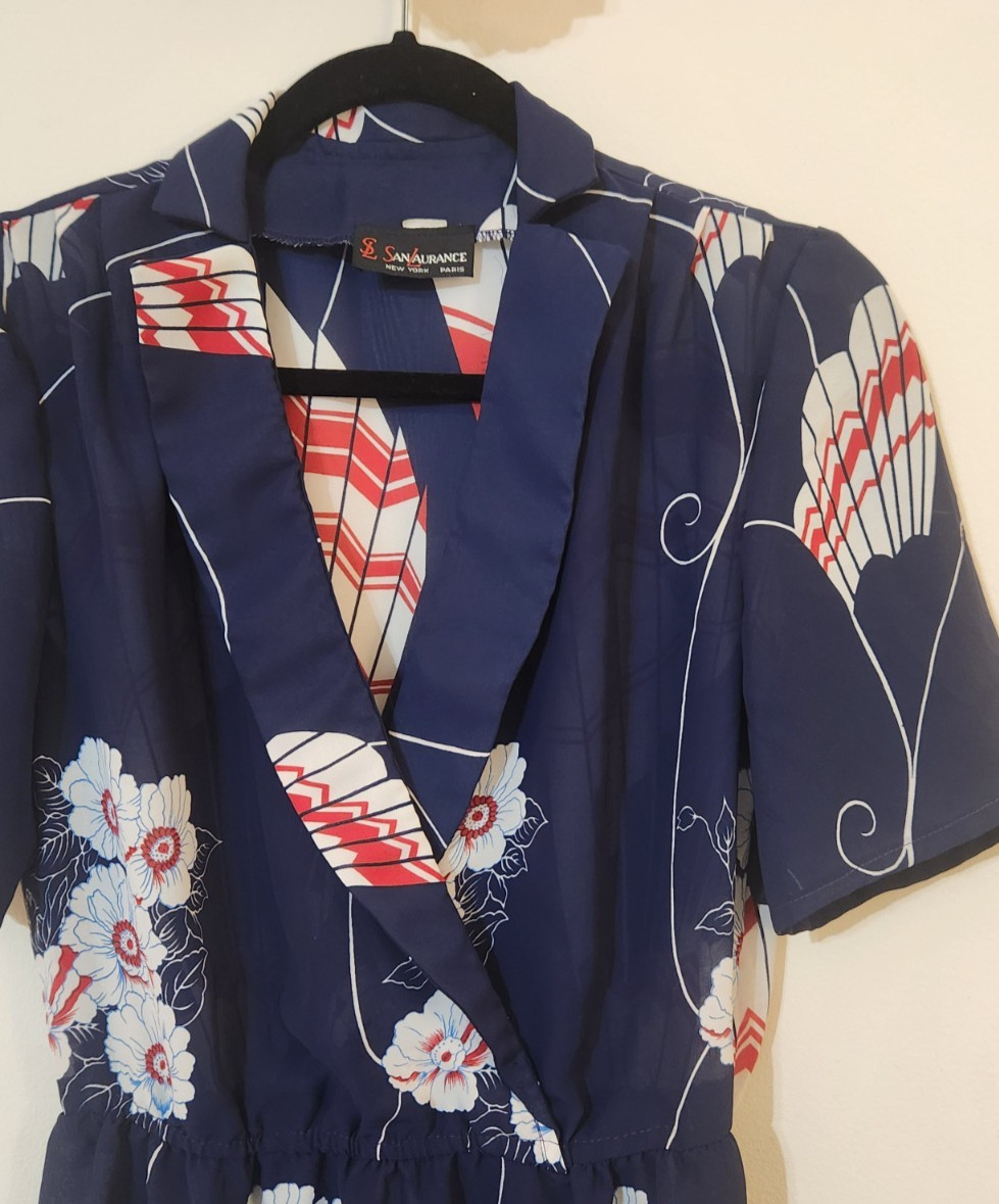 Vintage 80s San Laurance Navy Blue Fan & Floral Print Wrap-Style Day Dress