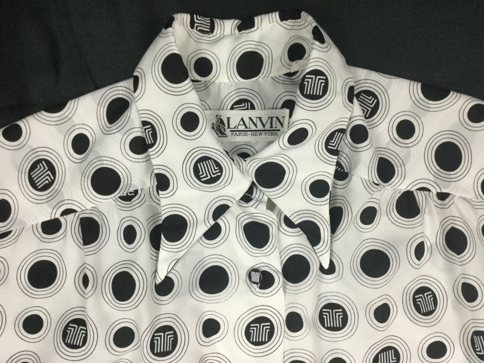 Vintage Lanvin Paris New York Shirt Dress Sz 16 Signature Logo Black White Dots