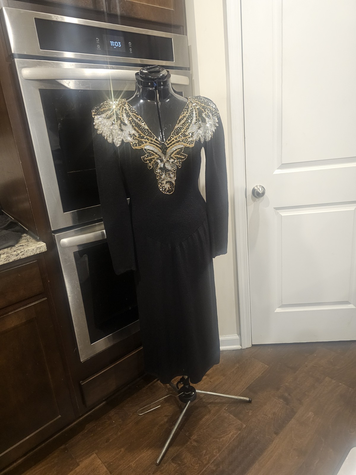 Vintage 80’s Pat Sandler For Wellmore Beaded Sequin Black And Gold Sweater Long