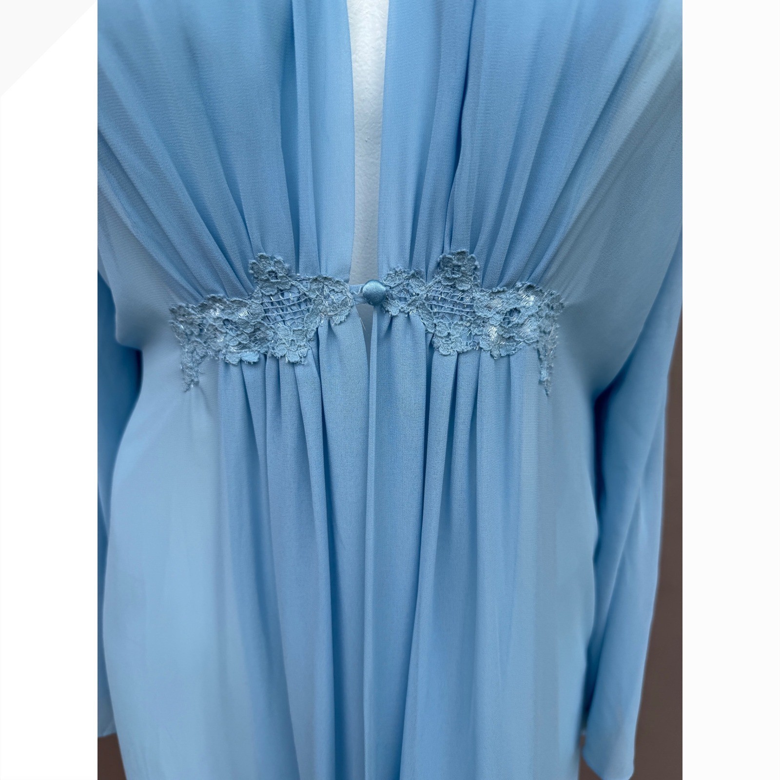 Vintage Blue Sheer Chiffon Maxi Robe Lace Bell Sleeve Button Hollywood Large