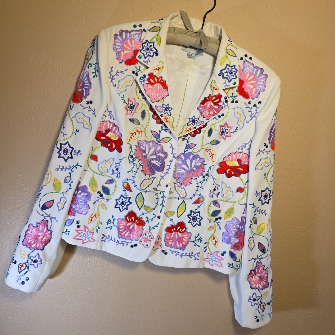 Vtg John Meyer of Norwich Floral Embroidered Jacket Blazer White Sz 16 Romania