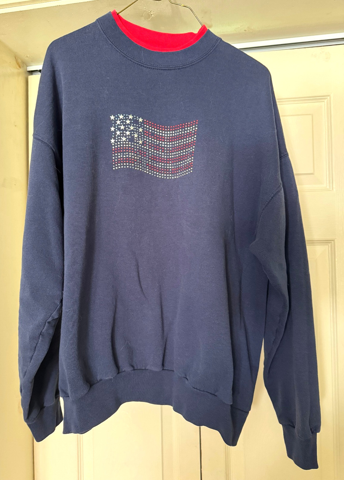 Vintage 90s Granny Core Patriotic Navy Sweatshirt USA Flag Metallic Studs XL