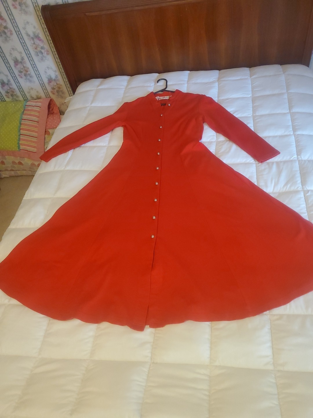 Vintage 1980s Christmas Red Dress Long 100% Cotton Sz 10 Silver Button Ann Tjian