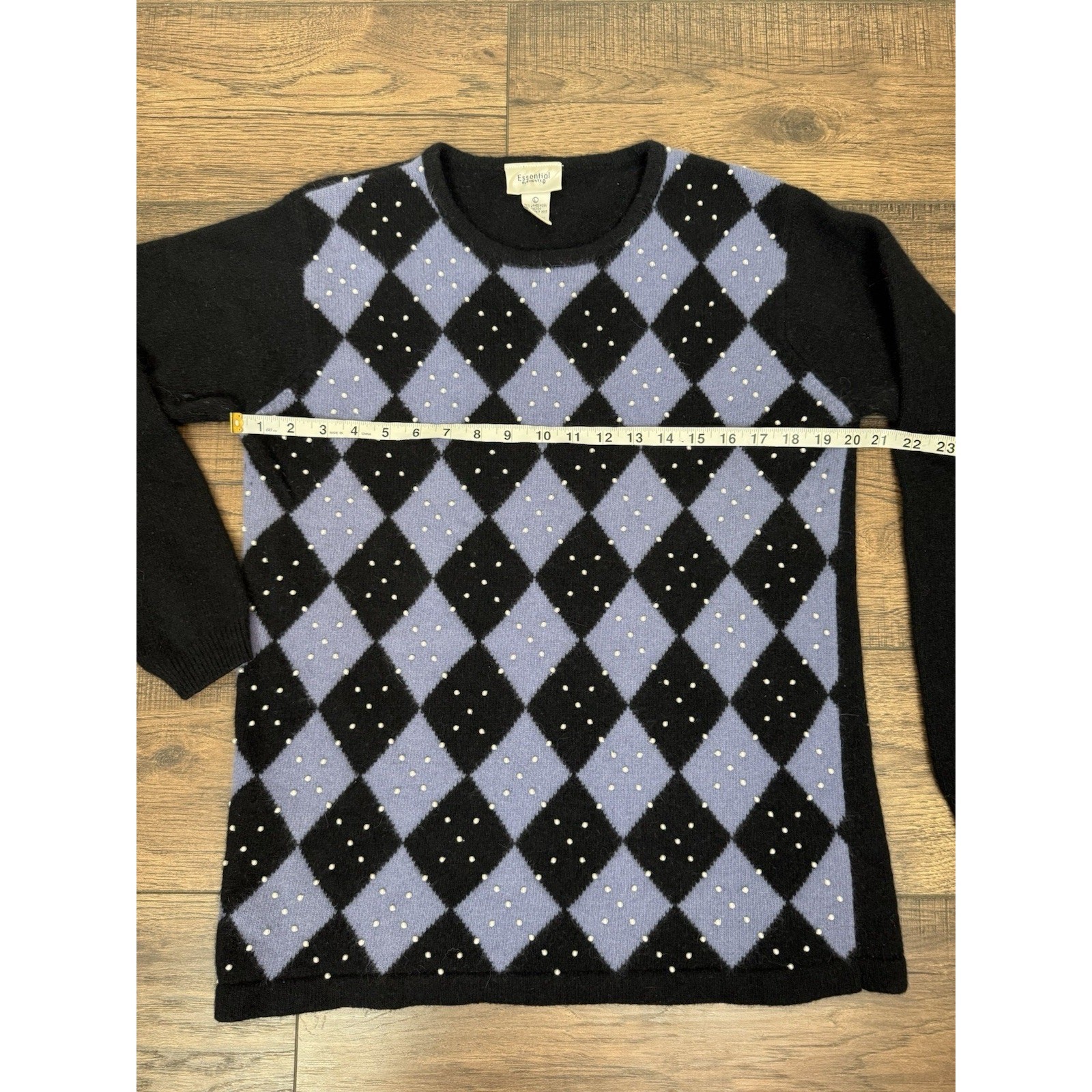 Vintage Lambswool Angora Rabbit Sweater Black Blue Plaid Beaded Women’s Sz Large