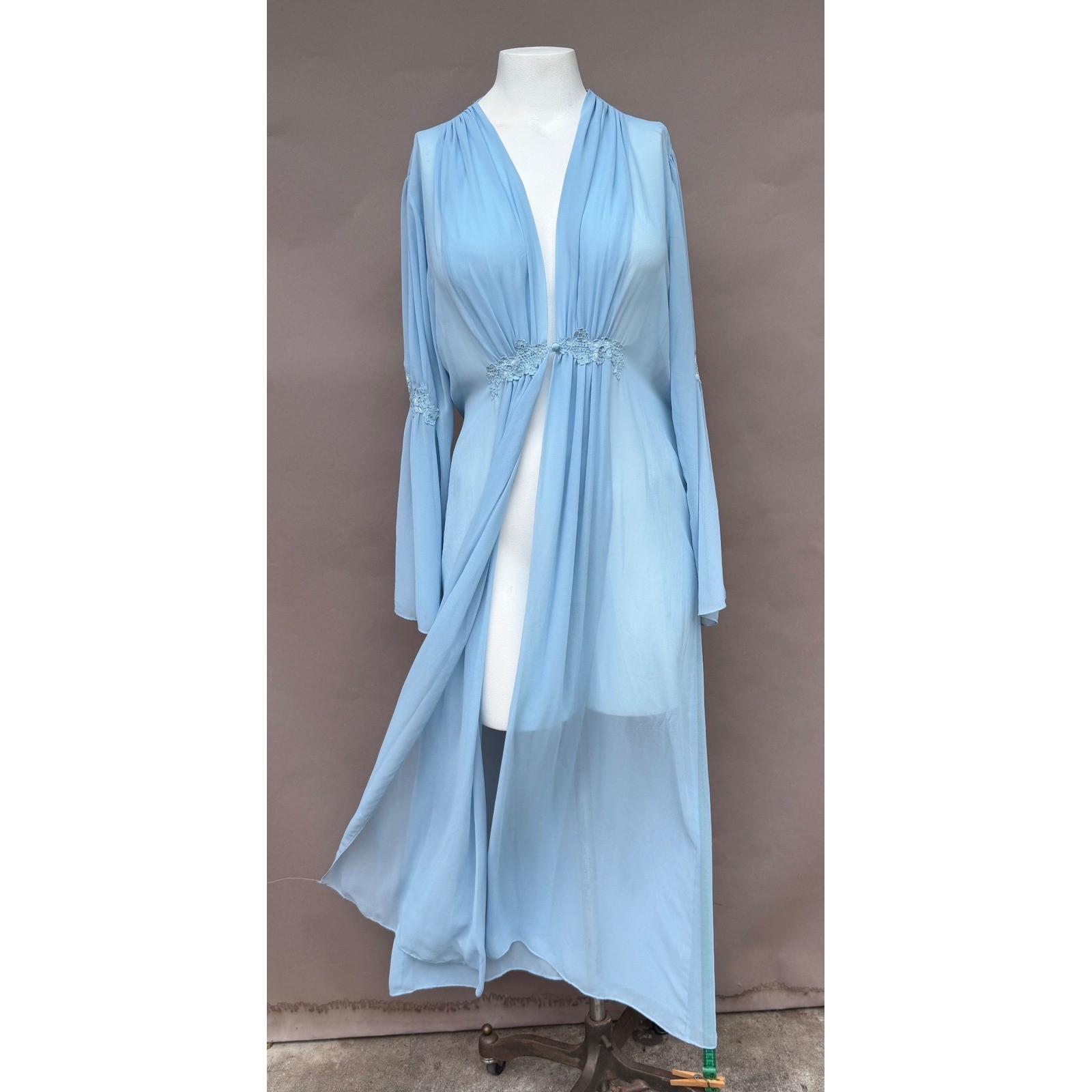 Vintage Blue Sheer Chiffon Maxi Robe Lace Bell Sleeve Button Hollywood Large