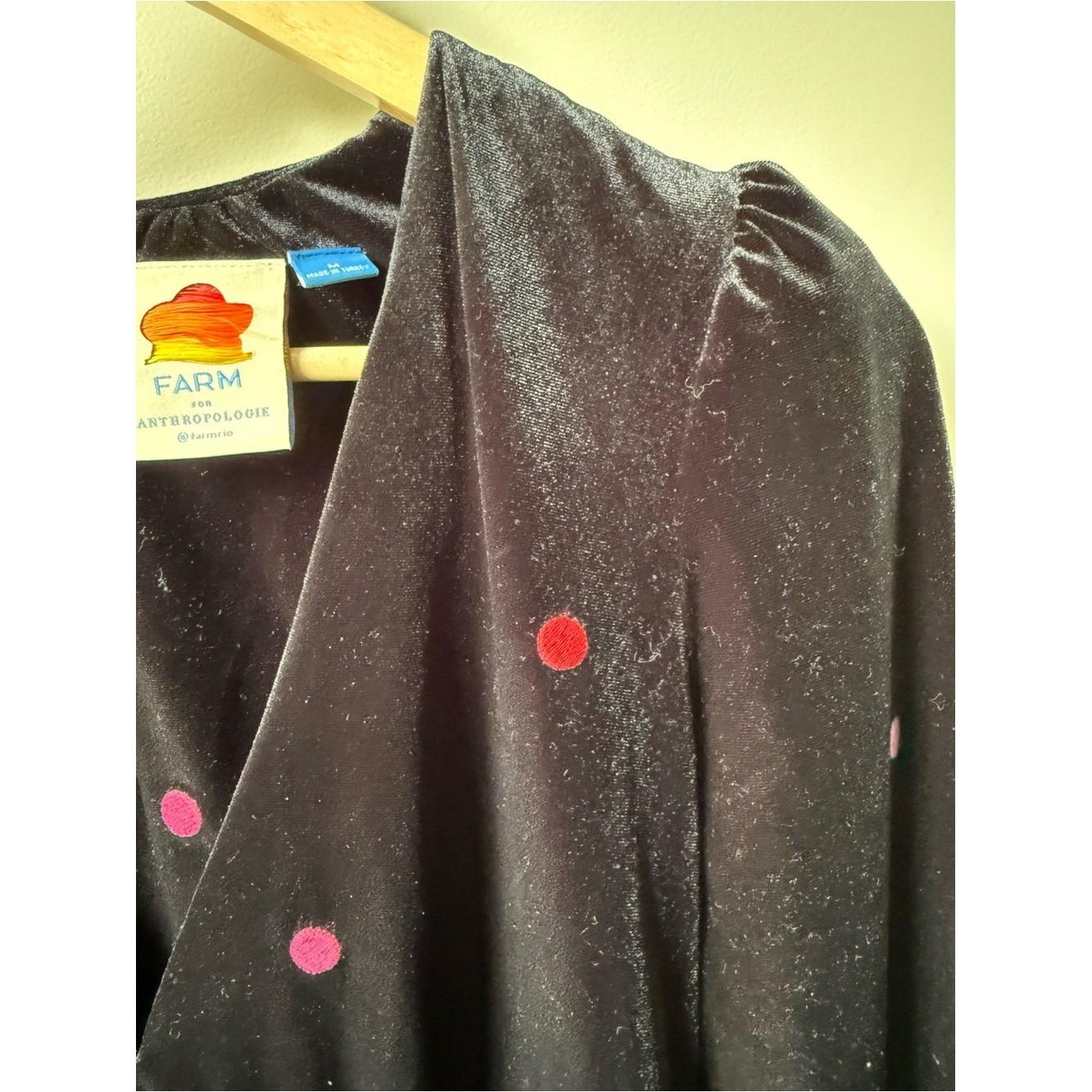 FARM RIO Embroidered Velvet Mini Dress Polka Dot Retro Whimsy Black Rainbow M